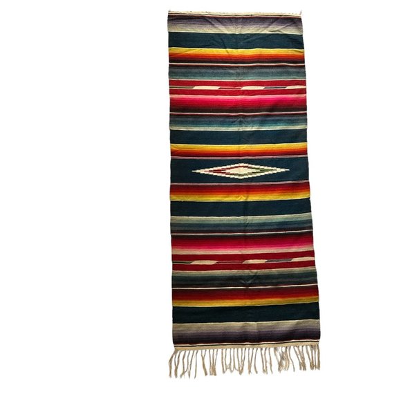Vintage Wool Serape 62" Fringed Runner Blanket Rainbow Native Mexican American - Picture 3 of 11